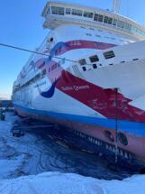 <i>Baltic Queen</i> in drydock in freezing conditions